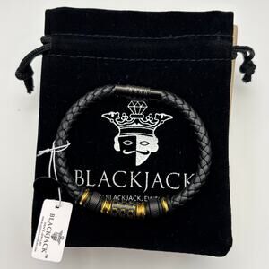 Blackjack BJB210G Mens Black Leather Gold Plated Steel Carbon Fiber Bracelet